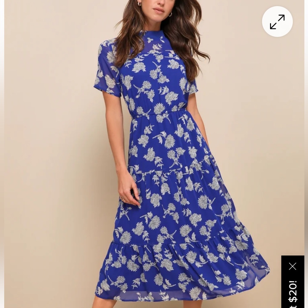 Lulus Floral Royal Blue Floral Print Midi Dress Size S NWT Wedding Guest Flowy